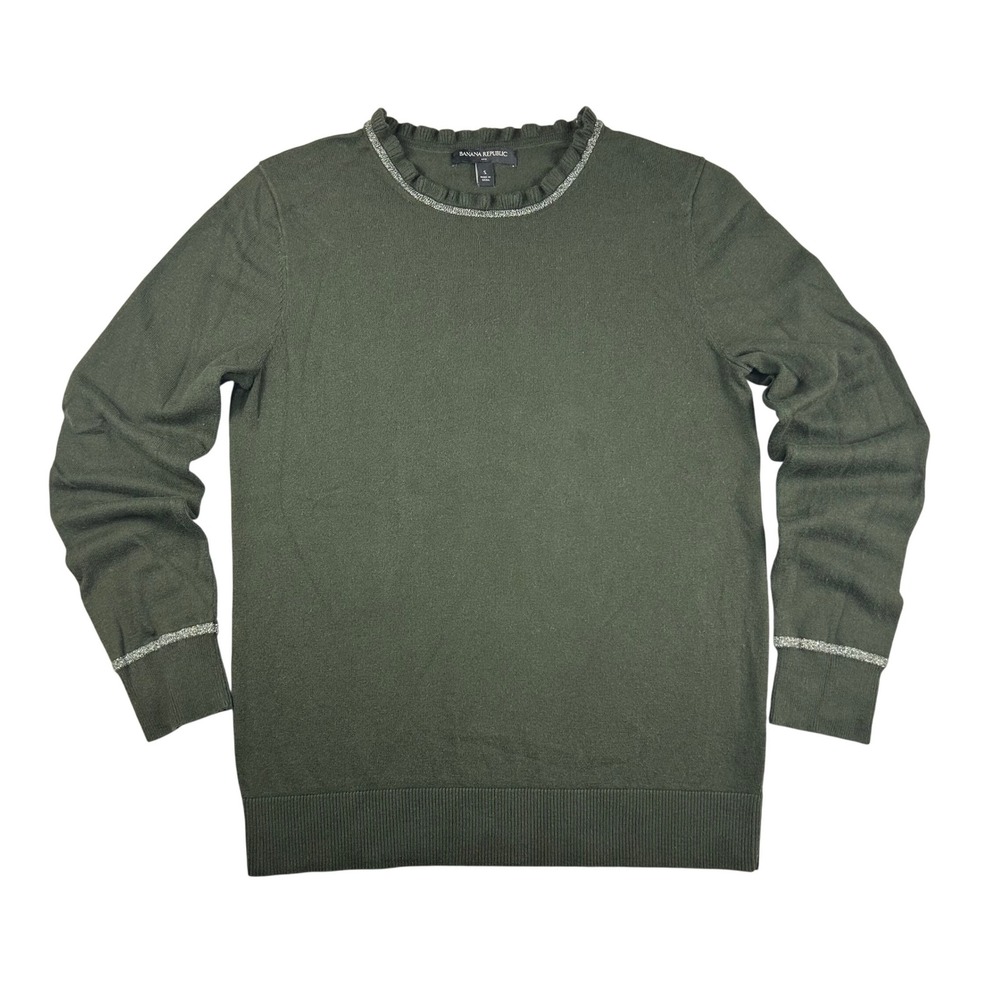 Banana Republic Olive Green Ruffle Neck Cashmere Blend Sweater Silver Trim S